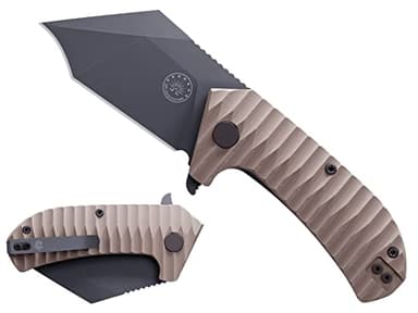 Off-Grid Knives - Raptor EDC Folding Knife with Tumbled Gray D2 Steel, Coyote Tan G10, Bearings, Deep Carry Left & Right, Hawkbill Tip, Stout Everyday Carry