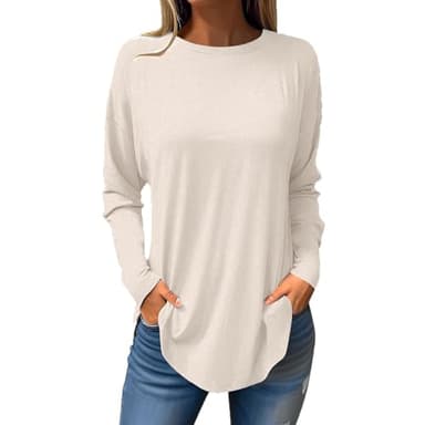 Ceboyel Women's Long Sleeve Tops 2023 Dressy Causal Shirts Tees Trendy Going Out Blouse Tunics Cute Fall Ladies Clothing 2023 Cute Fall Tops for Teens Trendy Beige XXL