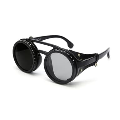 Adjustable Tint Sunglasses, 9-Level Manual Dimming, Polarized UV Protection, Detachable Leather Side Shields, Round Steampunk Style, Ideal for Hiking, Mountaineering, Glacier Travel, and Fishing
