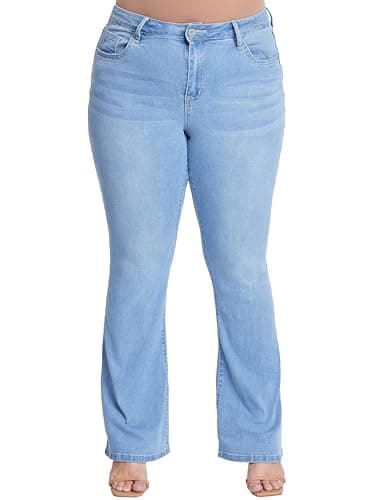 YMI Women's Junior Plus Size Classic Boot Cut Flare Bell Bottom Casual Denim Jeans (Light Blue, 16)