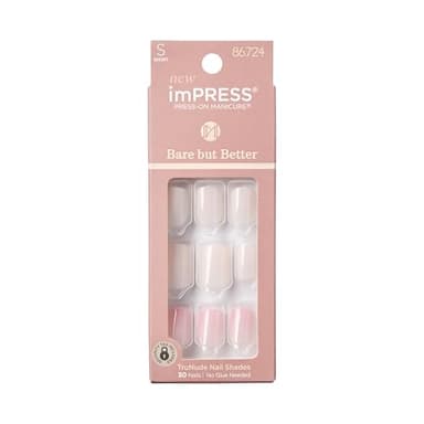 KISS imPRESS No Glue Mani Press On Nails, , 'Effortless Finish', Nude, Short Size, Squoval Shape, Includes 30 Nails, Prep Pad, Instructions Sheet, 1 Manicure Stick, 1 Mini File