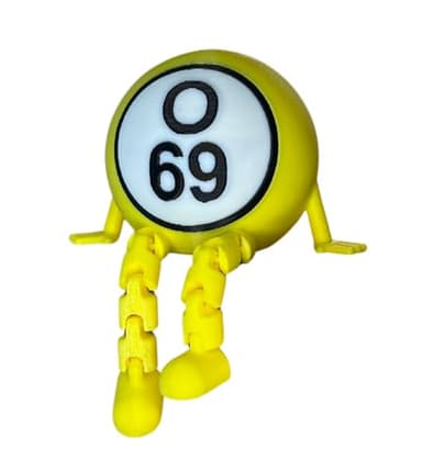 O69 Bingo Ball Figurine, Yellow 3D Printed Collectible Desk Decor with Articulated Legs, Novelty Gift for Bingo Enthusiasts