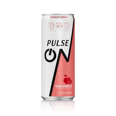 PulseOn Energy Drink- 200mg Natural Caffeine, Taurine and Vitamin B|White Gummy Ice, Reduced Sugar 11.2 fl oz((Pack of 24)