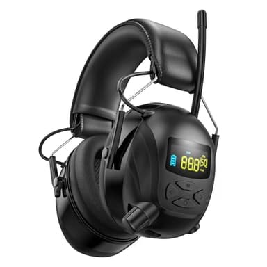 2025 Bluetooth 5.4 AM/FM Radio Ear Protection Headphones with Backlit Digital Display/Mic, 120H Working Time, Rechargeable, 30dB Noise Reduction Safety Earmuffs for Lawn Mowing, Workshop - Black
