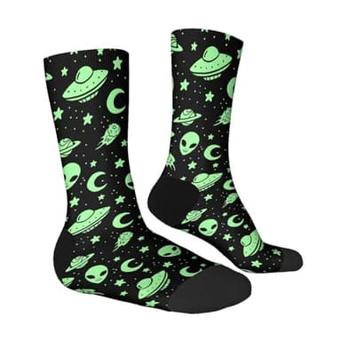 MSOKAZZLES Green Alien Ufo Moon Funny Socks for Men Women Crazy Novelty Crew Socks Casual Athletic Sports Dress Socks