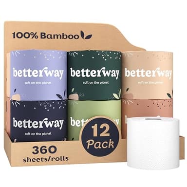 Betterway Bamboo Toilet Paper 3 Ply - Sustainable Toilet Tissue - 12 Long-Lasting Rolls & 360 Sheets Per Roll - Septic Safe - Organic, Plastic & PFAS Free - FSC Certified