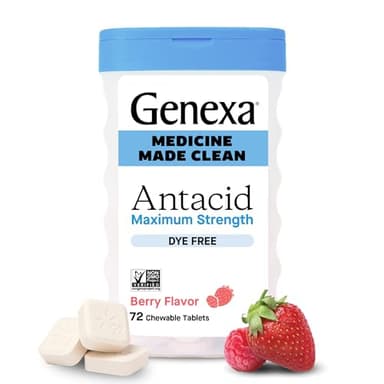 Genexa Clean Antacid Chewable Tablets | Maximum Strength Calcium Carbonate for Heartburn, Acid Indigestion & Upset Stomach Relief | Dye Free, 0% Artificial Additives | Berry Flavor Chewables, 72ct