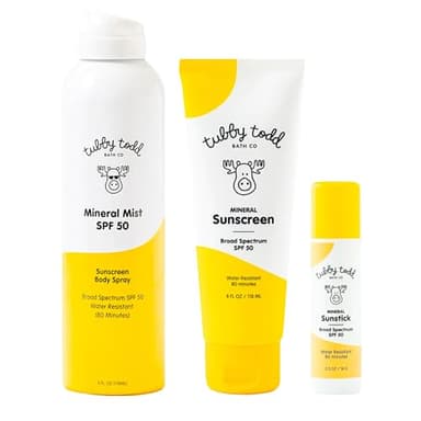 Tubby Todd Face and Body Mineral Protection Sunscreen Kit for Baby, Toddler and Kids - The Sun Bundle - Sunscreen Lotion 4 Fl Oz, Sunscreen Spray 6 Fl Oz and Sunstick 0.5 Oz - Fragrance-Free