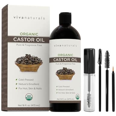Viva Naturals Organic Castor Oil, Cold-Pressed, 16 fl oz – For Face, Hair, Eyelashes, USDA Organic, Non-GMO - With Beauty Kit