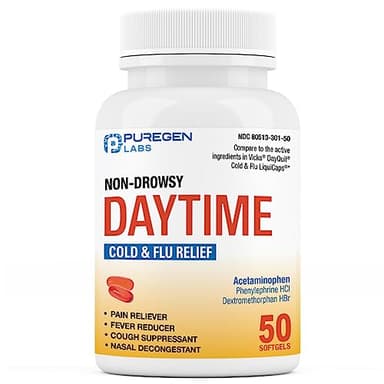 Puregen Labs Non-Drowsy Cold & Flu Medicine for Adults (50 Softgels) | Multi-Symptom Relief for Severe Congestion, Headache, Sore Throat, Fever, Aches and Pains (Daytime)