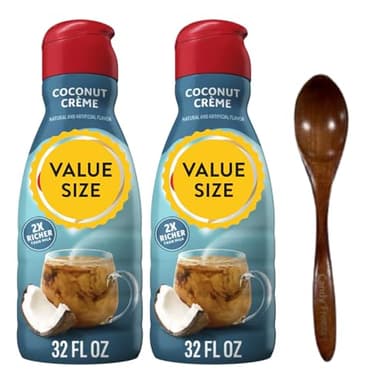 Premium Non-Dairy Liquid Coffee Creamer.- Two (2) 32 fl oz Bottles of Creamy Smooth Delightful Coffee Creamer with Candy Freezer Wooden Spoon (Coconut Cream) Wooden Spoon