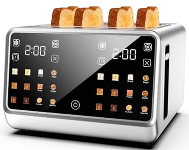 4 Slice Toaster– Dual Digital Smart TouchScreen & Independent Control Panel | Single-Slot Tech, Timer/Reheat/Defrost for Bagels, Bread | 1800W Stainless Steel, 6 Toast Types & Shade Settings