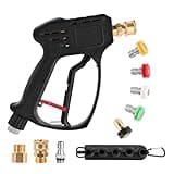Pressure Washer Gun, 360°Swivel Short High Power Washer Gun(Max 5000PSI) with 5 Nozzle Tips, 1/4" Quick Connector, M22-14mm/15mm to 3/8" Quick Connection Car Wash Foam Gun Compatible Most Power Washer