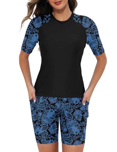Tournesol Women's 2 Piece Rash Guard Short Sleeve Swim Shirts UPF 50+ Built-in Bra Swimsuit with Boyshorts with Pockets Large