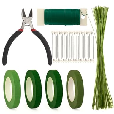 ZIIYAN Floral Arrangement Kit, Green Floral Tape Floral Stem Wire Floral Wire Boutonniere Flower pin and Wire Cutter Tools Kit for Bouquet Stem Wrap Florist, Wreath Making Supplies