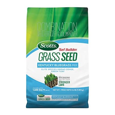 Scotts Turf Builder Grass Seed Kentucky Bluegrass Mix with Fertilizer and Soil Improver, Grows Dense, Green Turf, 2.4lbs.