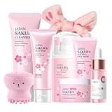 Japan Sakura Skincare Set - 8 Pcs Teenage Skin Care Set - Skin Care for Teens 10-12 - Skincare for Girls 10-12 - Teen Skin Care Kit with Sleeping Face Mask,Cleanser,Face Cream,Bunny Ears Headband
