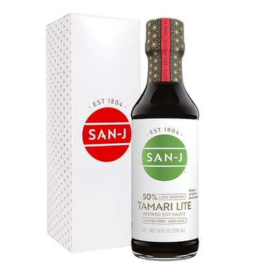 San-J - Gluten Free Tamari Lite Soy Sauce with 50% Less Sodium - Made with 100% Soy - Specially Brewed - 10 oz. Bottle