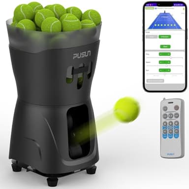PUSUN Beginners Tennis Ball Machine PT-Mini-Pro, APP Controlled Auto Sever, 65 Ball Capacity, 3-5 Hour Battery Life(Black)