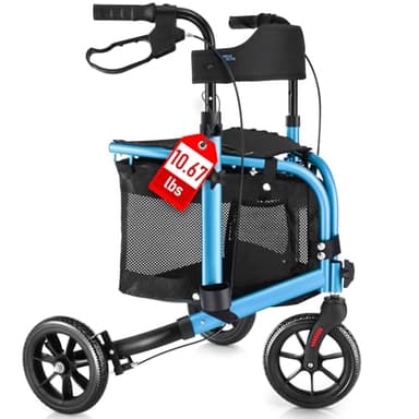 WALK MATE 3 Wheel Rollator Walker with Seat for Slim Seniors, Padded Backrest Lightweight Foldable Travel Walker Ideal for Elderly, 8 Inch Tri-Wheel Modern Mobility Walking Aid Aluminum, Blue