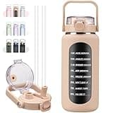 BLUEGO 64oz Insulated Water Bottle with Straw and Handle Leakproof Half Gallon Wide Mouth Motivational Water Bottle, 2-IN-1 Straw Spout Lid Stainless Steel Water Jug for Sport Travel Gym-Amber