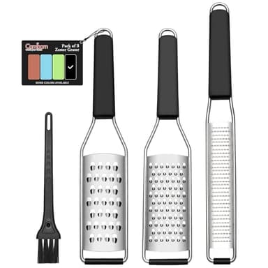 Cambom Lemon Zester Grater Three-piece Suit - Heavy Duty Kitchen Tool for Parmesan Cheese, Ginger, Garlic, Nutmeg, Chocolate, Vegetables，Fruits，Stainless Steel Grater Dishwasher Safe Black