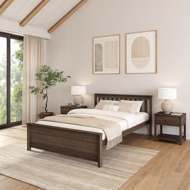 Plank+Beam Solid Wood Queen Bed Frame, Platform Bed with Headboard, Walnut