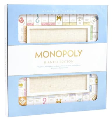 WS Game Company Monopoly Bianco Edition, White Wood Board, Gold-Tone Tokens, Grasscloth-Textured Center, Solid Wood Houses & Hotels, Premium Accessories, Board Games for 2-6 Players