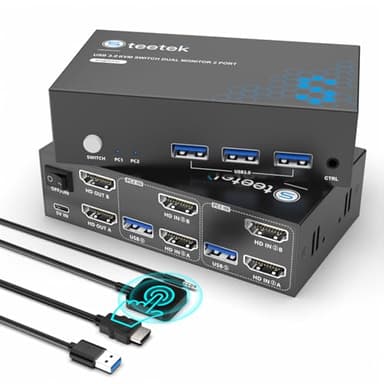 Hearvo HDMI KVM Switch 2 Monitors 2 Computers, USB 3.0,4K@60Hz KVM Switches Sharing of Dual Monitors Keyboard Mouse and Printer Between 2 Computers，with EDID，2 USB Cables and Controller -S7232H2