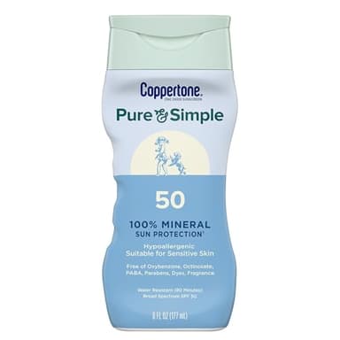Coppertone Pure and Simple Zinc Oxide Mineral Sunscreen Lotion SPF 50, Water Resistant Sunscreen for Sensitive Skin, Hypoallergenic and Fragrance Free, 6 Fl Oz Bottle