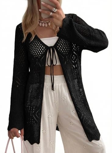 SHEWIN Cardigans for Women Summer Crochet Cardigan Lightweight Boho Tie Front Cardigan Summer Outfits for Women 2026 Black Medium