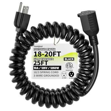 Vockjour 18AWG 20ft Black Coiled Extension Cord, 3 Prong Flexible Spiral Power Cord for Standing Desk, Garage, Workshop, Electric Tools (Circular Saw, Drill), Lift, 10A/125V/1250W, ETL Listed