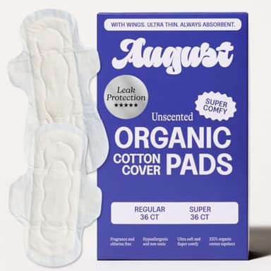 August Regular & Super Cotton Menstrual Pads, 72 (36+36) Ultra Thin Pads with Wings, Hypoallergenic Sanitary Napkins with Organic Cotton Topsheet, Compostable Wrapper, Non-Toxic, Fragrance-Free
