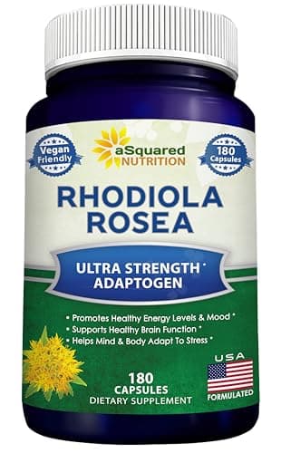 aSquared Nutrition Rhodiola Rosea Supplement 1000mg - 180 Vegan Capsules - Max Strength Rhodiola Root Extract Pills Improve Pure Energy, Brain Function & Stress Relief -Golden Root Herb Powder Tablets