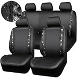 CAR PASS Diamond Leather Bling Car Seat Covers Full Set, Shining Rhinestone Waterproof Durable Rear with Zipper, Universal Fit Automotive Glitter Crystal Sparkle Strip for Cute Women Girly Black