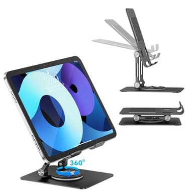 JUANWE Swivel iPad Stand for Desk, Aluminum Tablet Stand for Desk with 360 Rotating Base, Adjustable & Foldable iPad Holder, Compatible with Tablets, Switch, Kindle, Phone