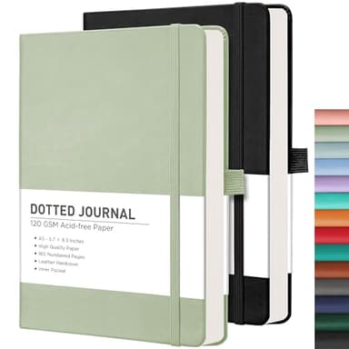 RETTACY Dotted Journal Notebook, 2-Pack, 160 Numbered Pages per Pack, A5 Medium Size (5.7'' x 8.3''), 120 GSM Thick Paper, Leather Hardcover, for Journaling, Planning, Tracking (Black & Light Green)
