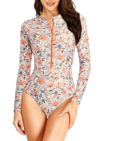 Daci Women Rash Guard Long Sleeve One Piece Swimsuit Zipper Surfing Bathing Suit UPF 50 Orange Floral Print L