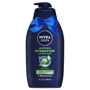 Nivea Men Maximum Hydration Body Wash for Dry Skin, Aloe Vera Enriched, 3-in-1 Moisturizing Body Wash, Face and Hair, Paraben Free, Vegan Formula, 30 Fl Oz Bottle