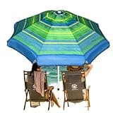 Ogrmar 7FT Beach Umbrella with Sand Anchor & Carry Bag, Portable Outdoor Windproof Sun Umbrella Sun 50+ Protection With Push Button Tilt & Air Vent (Green Stripe)