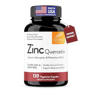 Sandhu's Zinc Quercetin 120 Vegetarian Capsules (Pack of 1) | High Absorption Zink Supplements for Immunity and Seasonal Allergy | Antioxidant Immune Support for Men and Women | Easy to Swallow