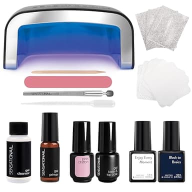 Sensationail Complete Gel Nail Polish Starter Kit - Long-Lasting Salon Grade Manicure Kit with UV Lamp - Includes Primer, Base & Top Coat, Cleanser, & More - Includes White, Black, & Pink Gel Polish
