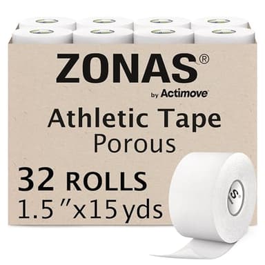 ZONAS by Actimove Athletic Tape for Muscles and Joint Support and Immobilization, Strong Skin Adhesion, Hand-tearable, White, 1.5 in x 15 yd, Speedpack - 32 Rolls
