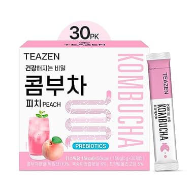 TEAZEN Peach Kombucha Tea, Hydration Drink Mix, Sugar Free, Live Probiotics & Prebiotics, 30 Sticks, 5.29oz