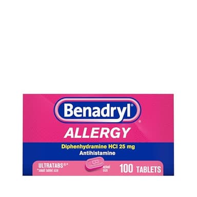 Benadryl Ultratabs Allergy Medicine, 25 mg Diphenhydramine HCl Antihistamine Tablets For Cold & Allergy Relief of Symptoms Like Sneezing, Runny Nose, Itchy Eyes & Throat, Hay Fever, 100 Count Tablets