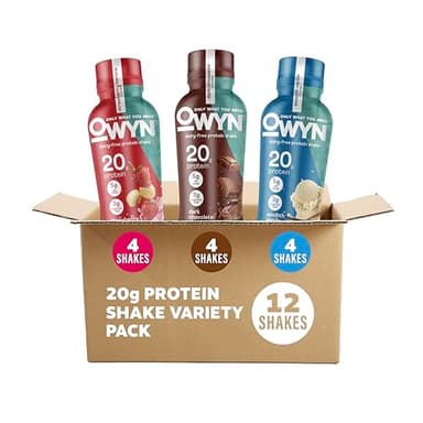 OWYN Only What You Need Protein Shake Variety Pack, Strawberry Banana, Dark Chocolate, Smooth Vanilla Flavored Protein Shakes, 20g Protein, 4g Sugar, 3g Fiber, Dairy Free, Plant Based Protein, 12 CT