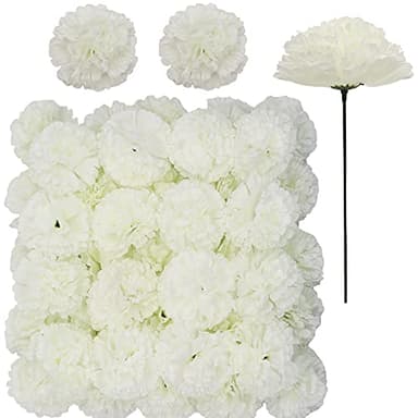 Jdsour 50 Pack Artificial Silk Carnation Picks ，Artificial Flowers Carnation Heads with Stems for DIY Flower Wall Wedding Bouquets Centerpieces Arrangements Decorations (Ivory White)