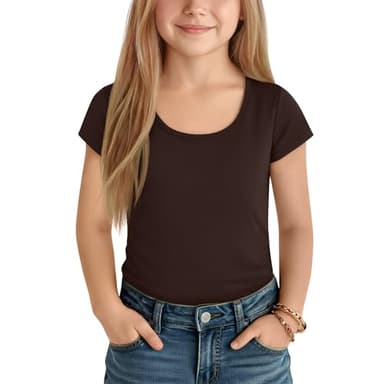 Oakgarden Girl's Cap Sleeve Tops Scoop Neck Shirt Fitted Short Sleeve T-Shirt Kids Summer Casual Basic Tee(Brown,9-10 Years)