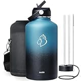 BUZIO Insulated Water Bottle with Straw Lid and Flex Cap, 64oz Double Wall Vacuum Stainless Steel Water Thermo Wide Mouth Lid, Cold for 48 Hrs Or Hot for 24 Hrs Sweat Proof Flask, Indigo Crush