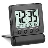 FAMICOZY Small Folding Digital Travel Alarm Clock with Day/Month/Date/Indoor Temperature,Easy to Read and Set,High/Low Alarm Volume,9 Min Snooze,Backlight on Demand,Bedside Calendar Alarm Clock,Black
